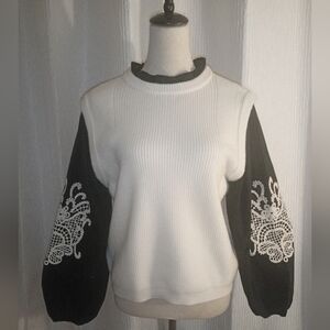 NWT Nanette Lepore Cream Knit Sweater Puff Embroidered Balloon Sleeves Size L
